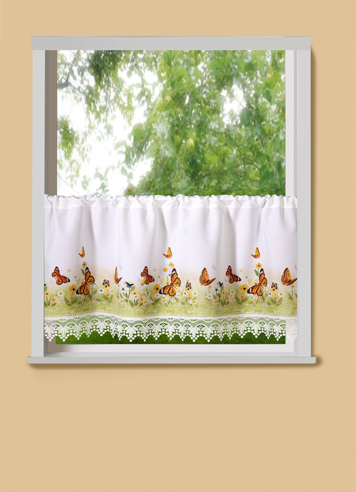 Korte gordijnen - Korte winkel met gehaakt kant, in Größe 662 (H 30 x B 120 cm) bis 827 (H 50 x B 120 cm), in Farbe MULTICOLOR