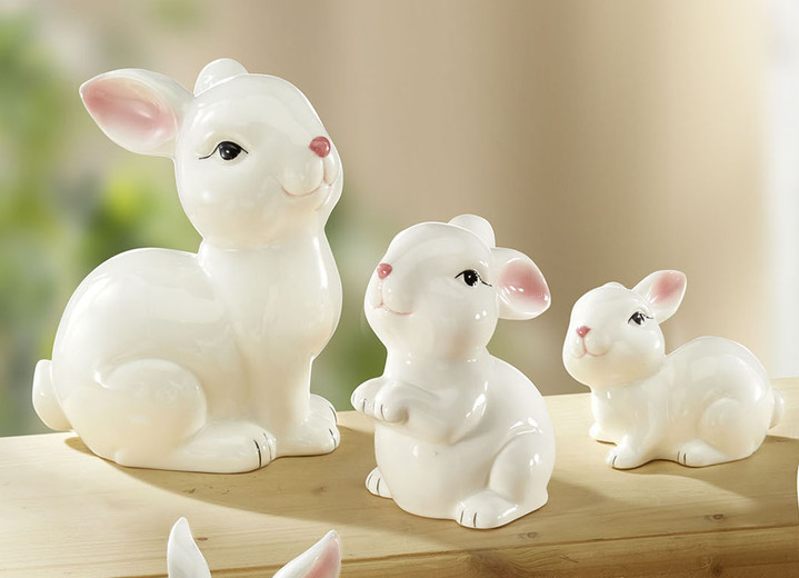 Pasen - Keramieken konijnenbeeldjes, in Farbe WIT-ROZE, in Ausführung Set van 3 stuks, zittend Ansicht 1