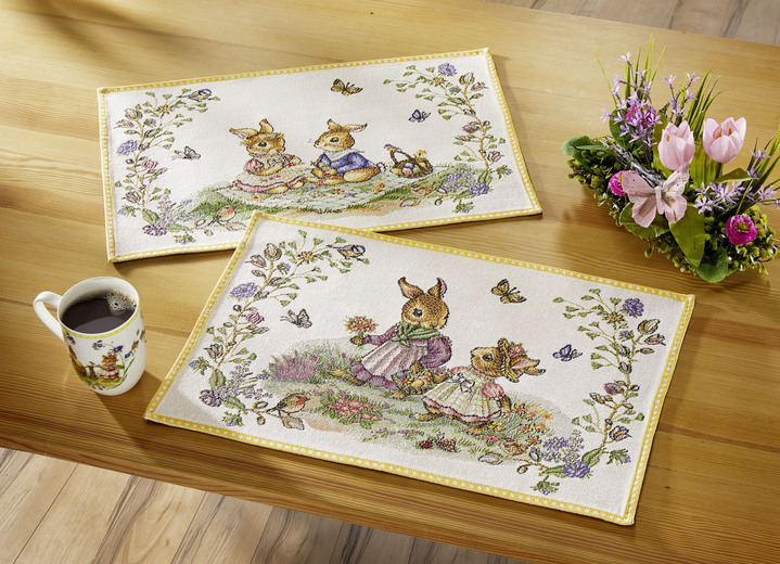 Tafellakens - Leuke placemats van “Villeroy & Boch”, in Farbe ROOM GEEL, in Ausführung Twee konijntjes op een picknick Ansicht 1