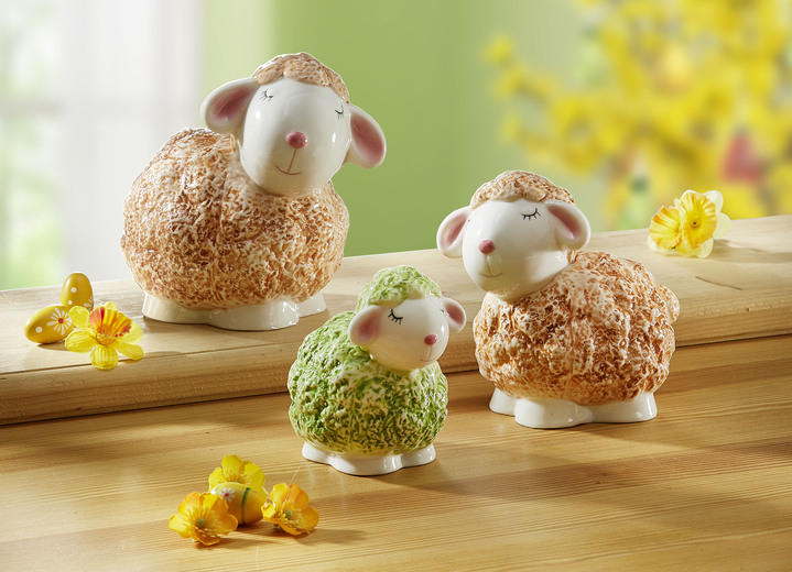 Beeldjes - Keramisch schaap, set van 3, in Farbe WIT-GROEN-TERRA