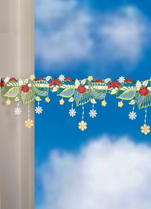 Plauener Spitze - Paaldecoratie met lieveheersbeestjesmotief, in Größe 628 (H14 cm x B48 cm) bis 660 (H14 cm x B112 cm), in Farbe KLEURIG Ansicht 1