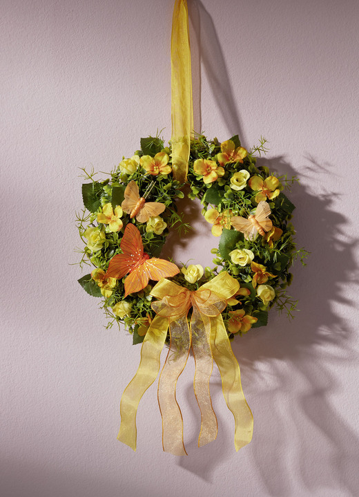 Kunst- & textielplanten - Wandkrans met textiellinten, in Farbe GEEL-ORANJE, in Ausführung geeloranje, met hortensiabloem
