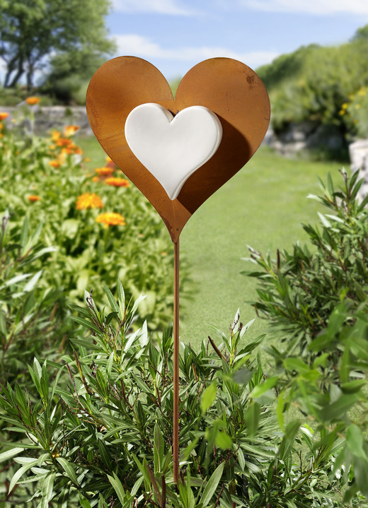 Tuindecoraties - Tuinpaal met hart van porselein, in Farbe ROEST