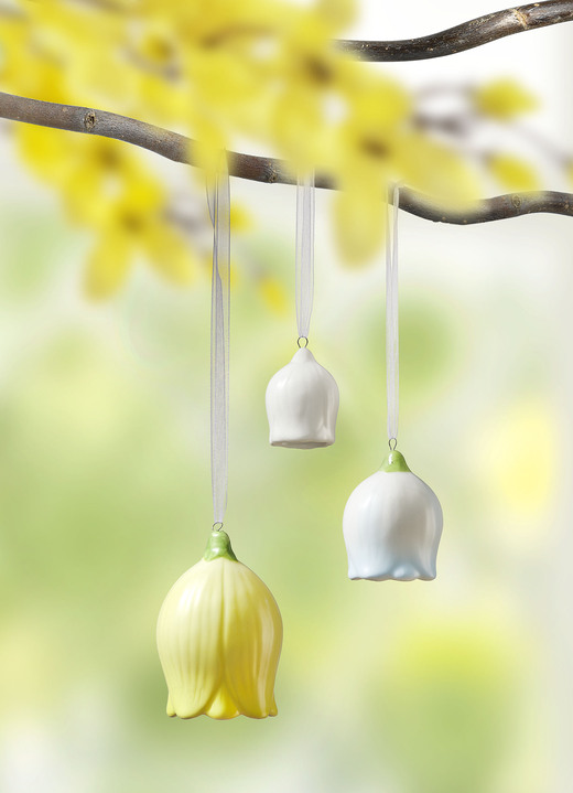Paasdecoraties - Bloemenbellen, set van 3, gemaakt van keramiek, in Farbe WIT-BLAUW-GEEL