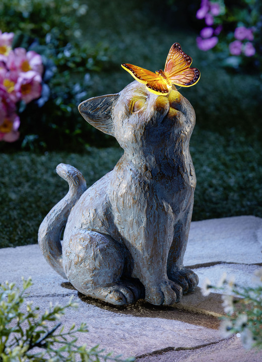 Tuinverlichting - Kat met LED-vlinder, in Farbe GRIJS