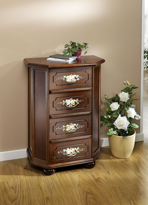 Stijlmeubels - Stijlvolle ladekast met handgeschilderde bloemendecoratie, in Farbe NOTENBOOM, in Ausführung Commode met schuifladen