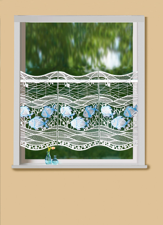 Korte gordijnen - Korte jaloezie met vismotief en Plauen-borduurwerk, in Größe 818 (H30 x B48 cm) bis 824 (H30 x B96 cm), in Farbe ECRU-AQUA