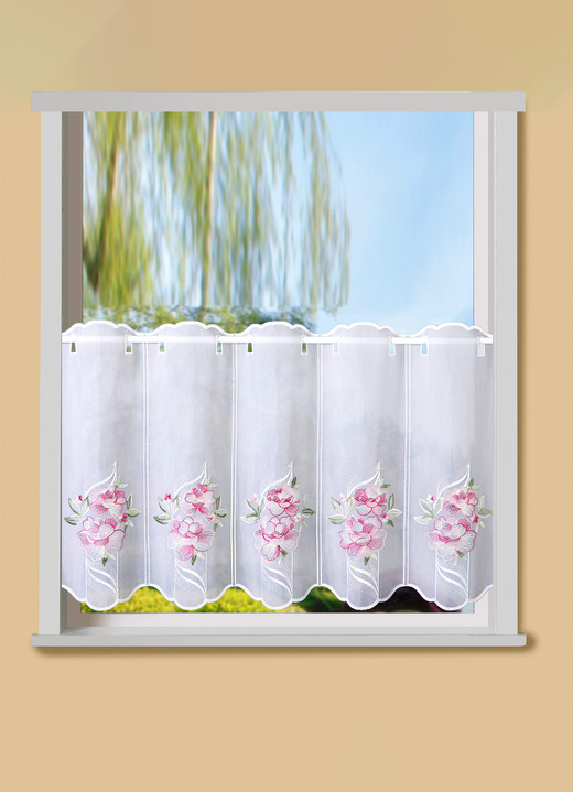Korte gordijnen - Kort blind bloemboeket met staafdoorgang, in Größe 662 (H 30 x B 120 cm) bis 858 (H 60 x B 120 cm), in Farbe ROZE-GROEN Ansicht 1