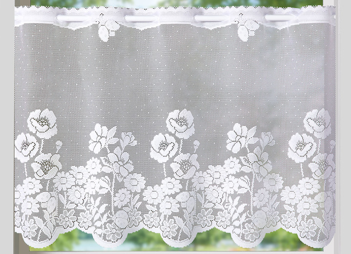 Korte gordijnen - Korte blinde bloemenweide met palen, in Größe 784 (H 45 x B 90 cm) bis 859 (H 60 x B 135 cm), in Farbe WIT