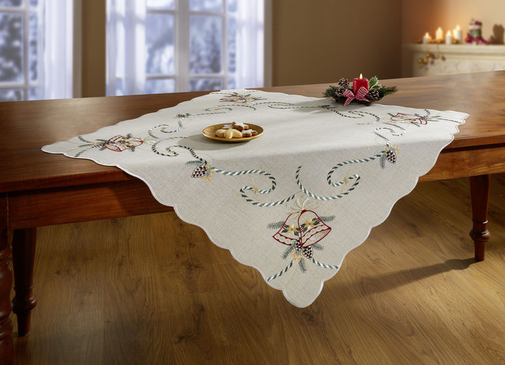Tafellakens - Tafel- en kamerdecoratie met echt Plauen-borduurwerk, in Größe 110 (rond kleedje, diameter 26 cm) bis 404 (Kussensloop, 40 x 40 cm), in Farbe NATUUR-MEERKLEURIG Ansicht 1