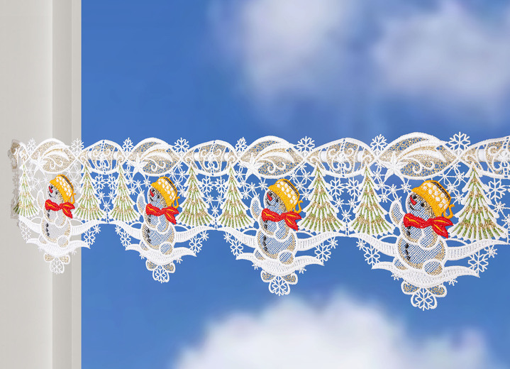 Korte gordijnen - Paaldecoratie met sneeuwpopmotief van echt Plauenkant, in Größe 628 (H25x48 cm) bis 654 (H25x96 cm), in Farbe MULTICOLOR