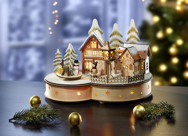 Kerstmis - Verlicht houten wintertafereel, in Farbe NATUREL