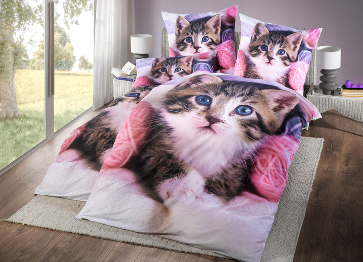 Beddengoed - Digitaal bedrukte beddengoedset met kattenmotief, in Größe 111 (40 x 80 cm + 135 x 200 cm) bis 115 (80 x 80 cm + 155 x 220 cm), in Farbe WIT Ansicht 1