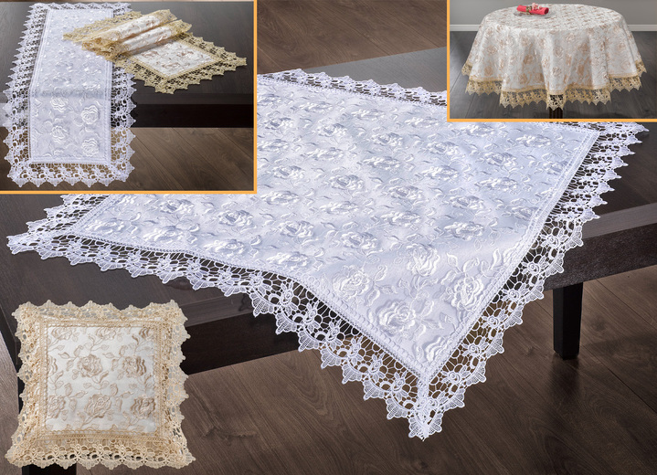 Tafellakens - Tafel- en kamerdecoratie met macramékantrand, in Größe 101 (Loper, 40 x 90 cm) bis 404 (Kussensloop, 40 x 40 cm), in Farbe BEIGE Ansicht 1