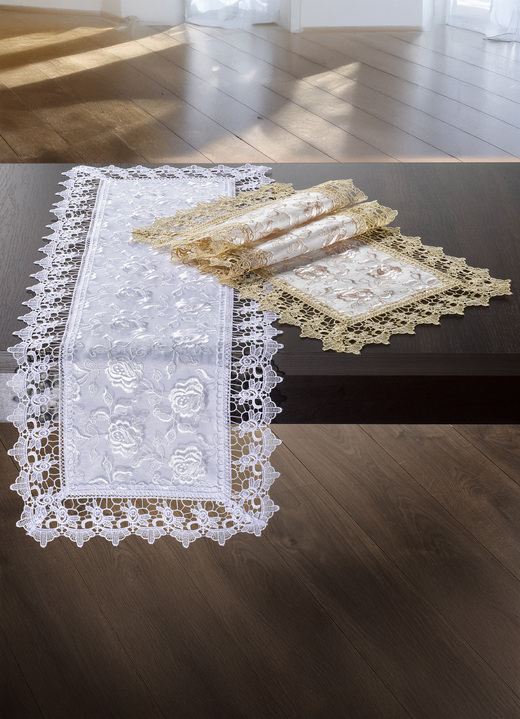 Tafellakens - Tafel- en kamerdecoratie met macramé kanten rand, in Größe 101 (Loper, 40 x 90 cm) bis 404 (Kussensloop, 40 x 40 cm), in Farbe WIT Ansicht 1