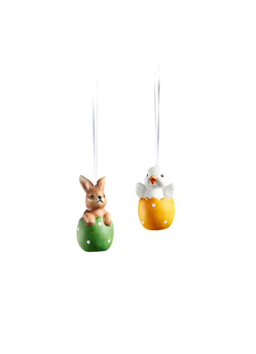 Ostern -  Frühlingsdekoration 2er-Set, aus Terrakotta, in Farbe GRÜN-ORANGE, in Ausführung Aufhänger, 2er-Set Ansicht 1
