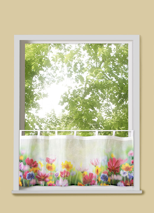 Korte gordijnen - Bloemenweide kort gordijn in digitaal bedrukte voile, in Größe 784 (45 x 90 cm) bis 858 (60 x 120 cm), in Farbe MEERKLEURIG Ansicht 1