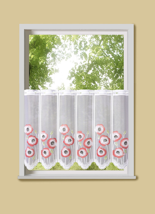 Korte gordijnen - Handgekleurd kort gordijn met klaprozen, in Größe 788 (45 x 90 cm) bis 858 (60x150 cm), in Farbe WIT-ROOD Ansicht 1