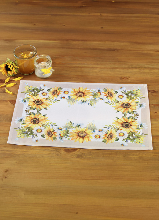 Tafellakens - Tafel- en kamerdecoratie met zonnebloemmotief, in Größe 101 (Kleedje, 35 x 50 cm) bis 404 (Kussensloop, 40 x 40 cm), in Farbe BUNT Ansicht 1