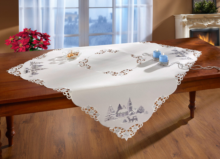 Tafellakens - Tafelkleed met een romantisch winterdorp-motief, in Größe 101 (2 x placemats, 35 x 50 cm) bis 404 (Kussensloop, 40 x 40 cm), in Farbe WOLWIT Ansicht 1