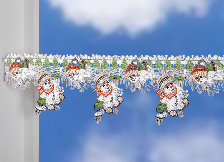 Korte gordijnen - Sneeuwpoppen met paaldecoratie gemaakt van echt Plauen-kant, in Größe 628 (H18xW36 cm) bis 664 (H18xW93 cm), in Farbe MEERKLEURIG
