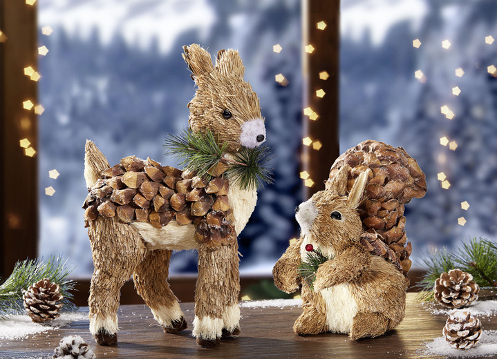 Kerstmis - Bosdieren gemaakt van raffia, natuurlijke kegels en kunstmaterialen, in Farbe NATUREL, in Ausführung hert Ansicht 1