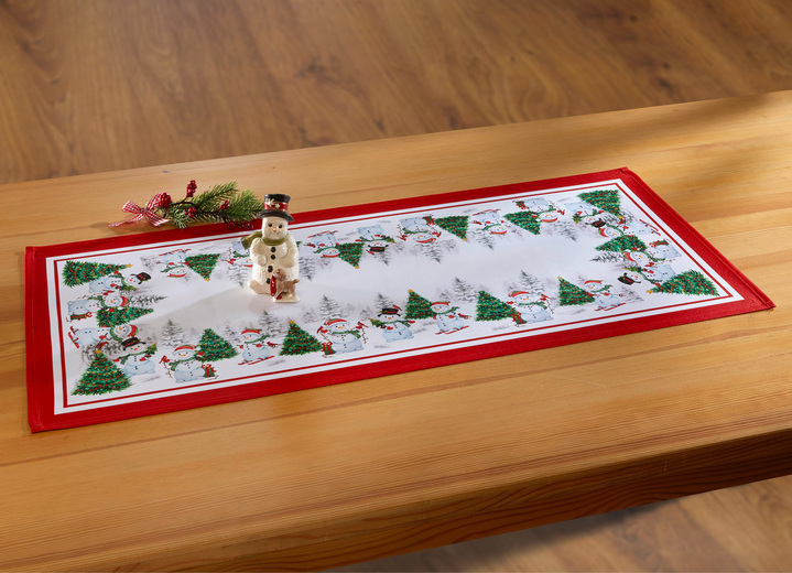 Tafellakens - Tafelkleed met sneeuwpopprintmotieven, in Größe 101 (2 x placemats, 35 x 50 cm) bis 404 (Kussensloop, 40 x 40 cm), in Farbe MULTICOLOR Ansicht 1