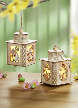 Verlichte houten lantaarn, set van 2