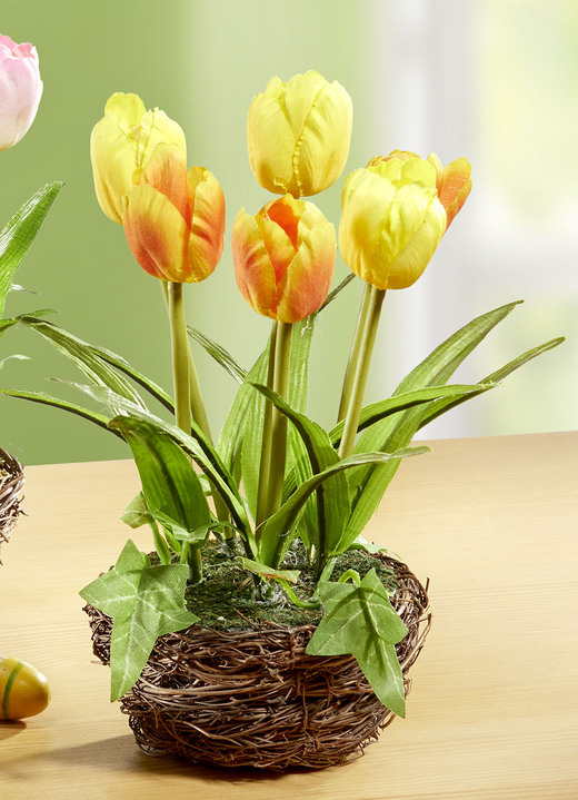 Kunst- & textielplanten - Tulpen in een rieten mand, in Farbe GEEL-ORANJE, in Ausführung Gelb-Orange, klein Ansicht 1