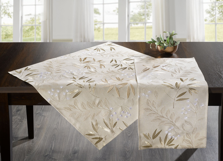 Tafellakens - Geborduurde tafel- en kamerdecoratie met gras- en bladmotief, in Größe 130 (2 Deckchen, 35x 50 cm) bis 404 (Kussensloop, 40 x 40 cm), in Farbe BEIGE Ansicht 1