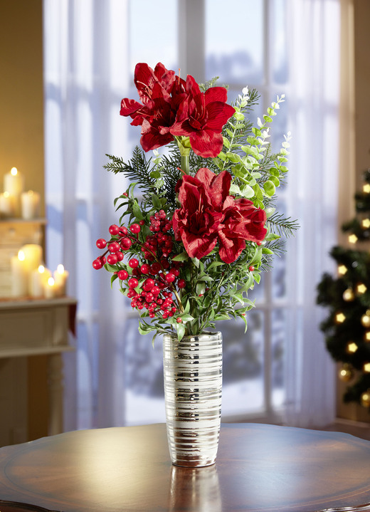 Bloemstukken & kransen - Amaryllis arrangement in vaas, in Farbe ROT-GRÜN-SILBER