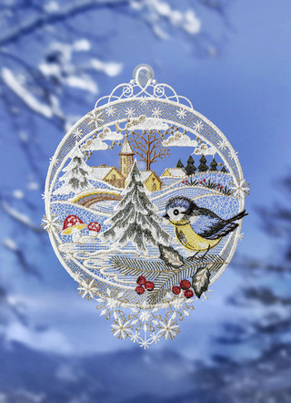 Raamschilderij Winterdorp van echt Plauen-kant