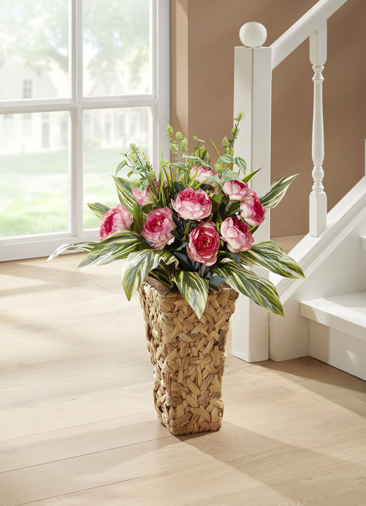 Kunst- & textielplanten - Boerderijrozen in een pot, in Farbe ROZE-GROEN, in Ausführung Roze, natuurlijke pot Ansicht 1