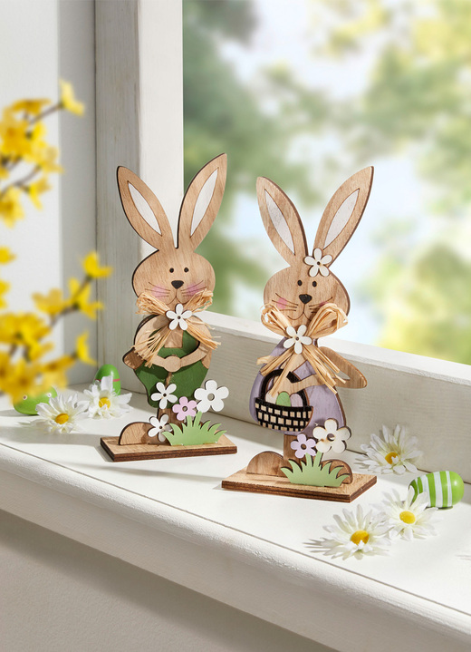 - Paar houten konijntjes, set van 2, in Farbe NATUR-GRÜN-LILA