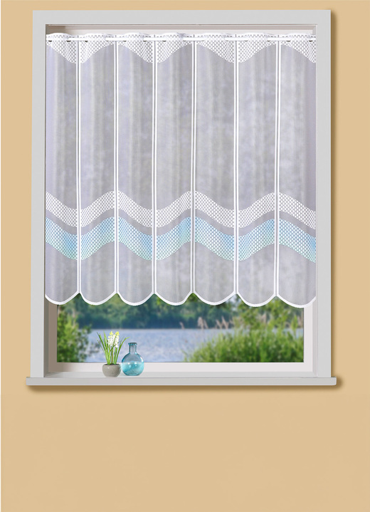 Kurzgardinen - Kurzstore, in Größe 856 (H60xB 98 cm) bis 884 (H90xB148 cm), in Farbe WEISS-BLAU Ansicht 1