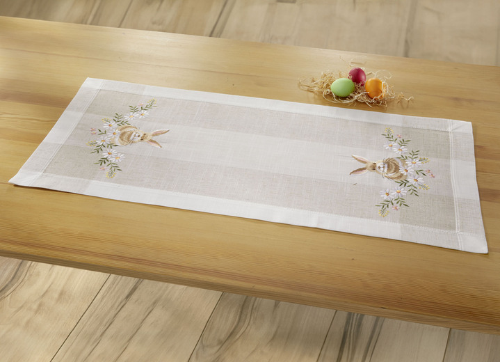 Tafellakens - Geborduurde tafel- en kamerdecoratie met paashaasmotief, in Größe 102 (loper, 40 x 85 cm) bis 404 (Kussensloop, 40 x 40 cm), in Farbe SEKT-BUNT Ansicht 1