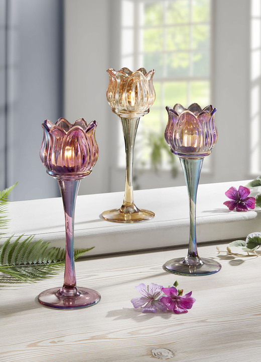 Woonaccessoires - Theelichthouders, set van 3, van glas, in Farbe PAARS-GRIJS-GOUD