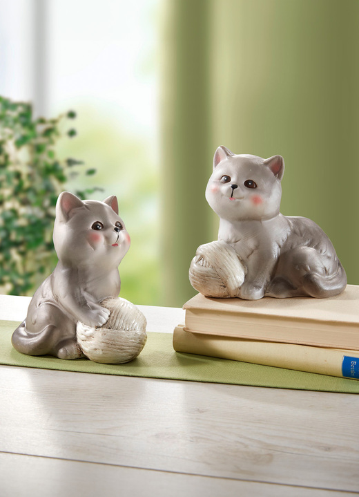 Beeldjes - Katten met bolletje wol, set van 2, in Farbe GRIJSBRUIN