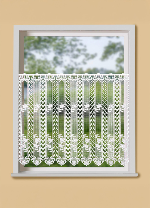 Korte gordijnen - Kort gordijn in macramé kwaliteit, in Größe 660 (H 30 x B 100 cm) bis 858 (H 60 x B 130 cm), in Farbe WEISS Ansicht 1