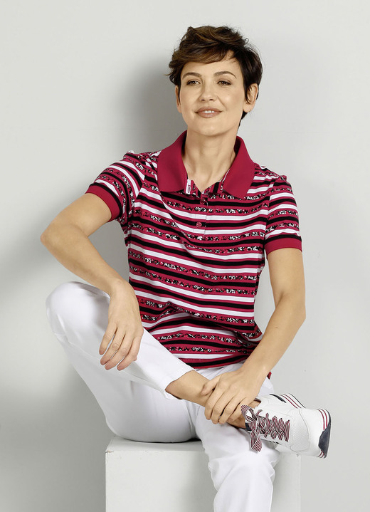 Korte mouw - Poloshirt met een gestreept all-over dessin, in Größe 046 bis 052, in Farbe ROT-SCHWARZ-WEISS Ansicht 1