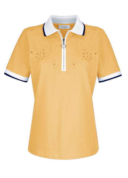 Shirts - Poloshirt met uitsparingen in 4 kleuren, in Größe 038 bis 052, in Farbe GEEL Ansicht 1