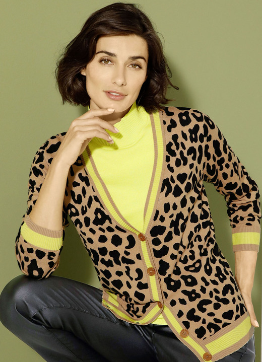 Gebreide jasjes - Vest met dierenbont-look Gebreide jasjes - Vest met dierenbont-look, in Größe 038 bis 052, in Farbe CAMEL-SCHWARZ-LIMETTE