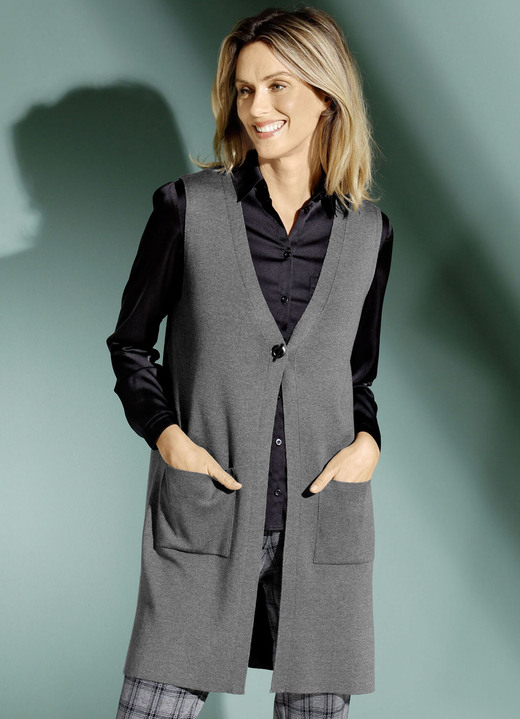 Basics - Gebreid vest met decoratieve sluiting Basics - Gebreid vest met decoratieve sluiting, in Größe 038 bis 052, in Farbe GRAU MELIERT