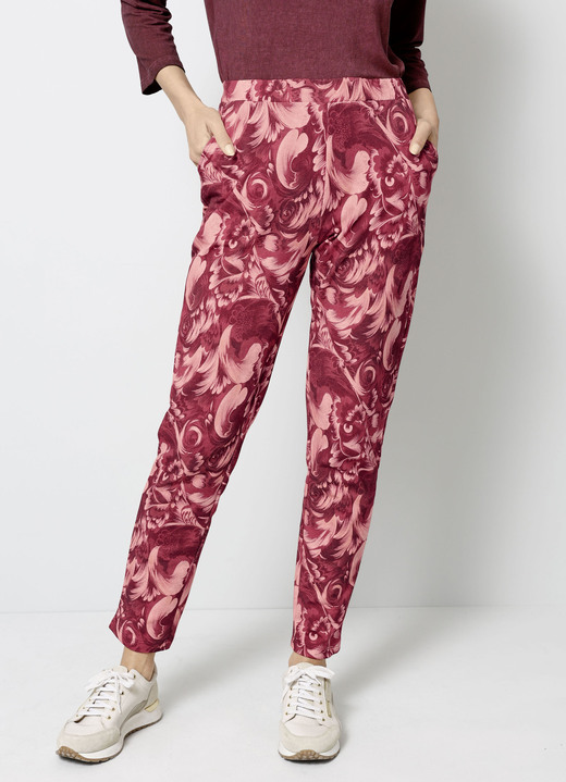 Broeken met elastische band - Broek met bloemendessin Broeken met elastische band - Broek met bloemendessin, in Größe 019 bis 052, in Farbe GRANATROT-ROSÉ