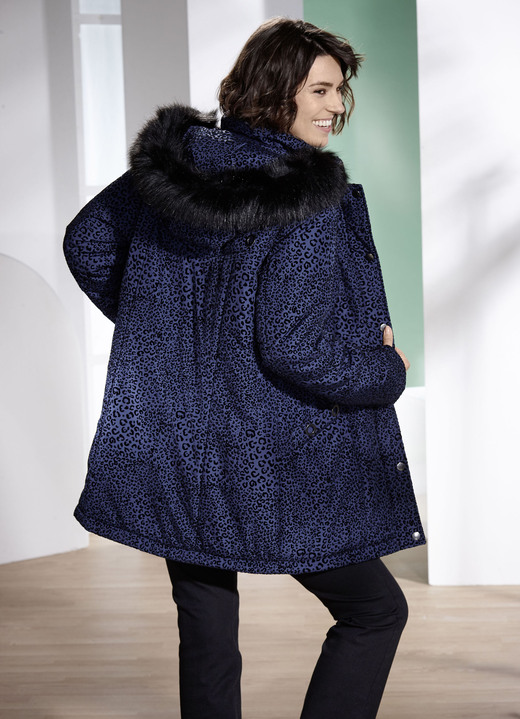 Winterjacks - Lange jas met roofdierbontmotief Winterjacks - Lange jas met roofdierbontmotief, in Größe 019 bis 054, in Farbe BLAU-SCHWARZ