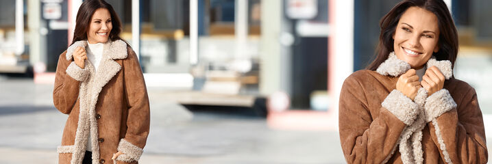 Dame in een winterjas van lamsvacht