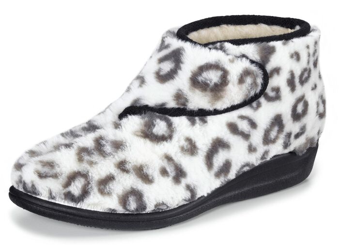 Enkellaarsjes met klittenband van knuffelig pluche WIT-ZWART