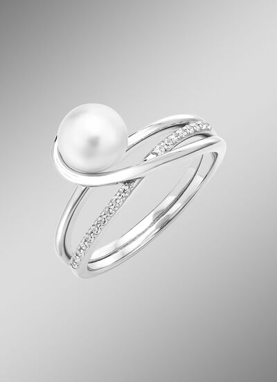 Damesring met zoetwaterparel en synthetische zirkonia 