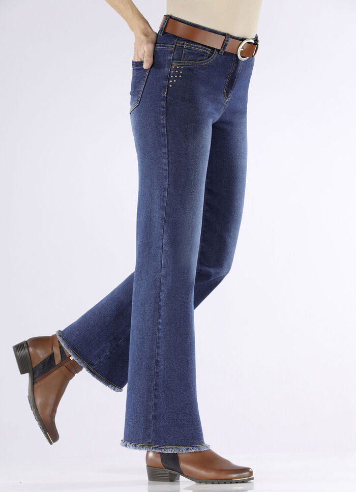 Jeans met trendy franjes aan de zoom DONKERBLAUW