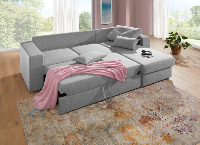 Gestoffeerde hoek met bedfunctie en bedkast die vrij in de kamer kan worden opgesteld ZILVER